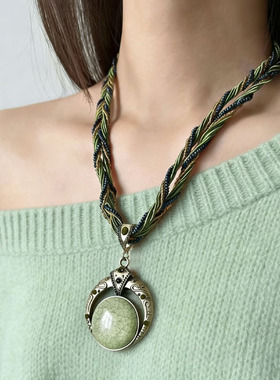 清新优雅绿色几何圆形吊坠项链女