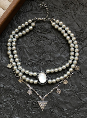 灰珍珠叠戴钱币流苏choker项链女
