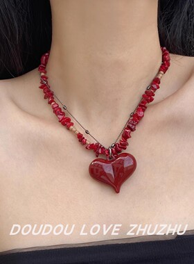 辣妹风甜酷彩色异形碎石爱心项链
