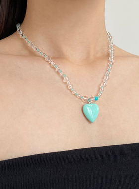 薄荷绿爱心水晶串珠项链女锁骨链