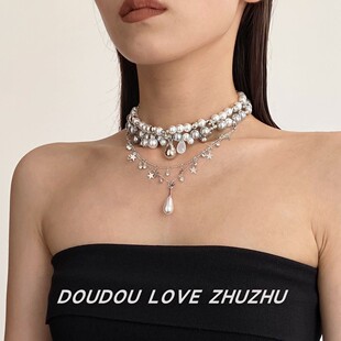 甜酷辣妹风珍珠水晶星星叠戴项链女小众大小不规则多层锁骨颈链