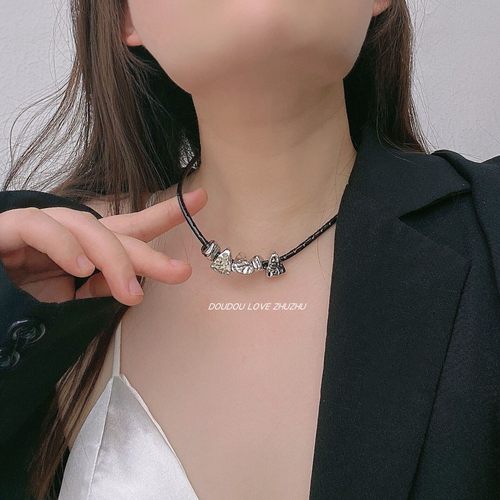 金属皮绳女几何碎石项链
