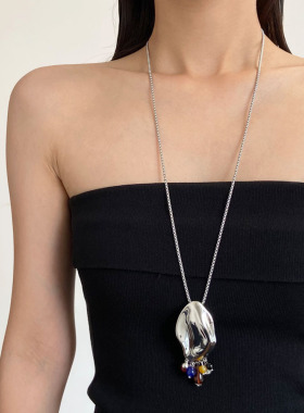 长款不规则金属椭圆吊坠女毛衣链