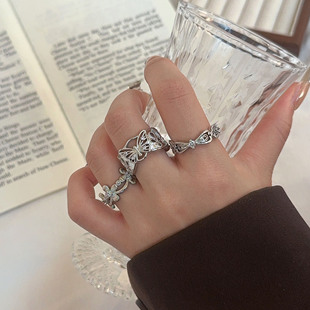 高级感缕空镶钻蝴蝶结花朵戒指女银色复古轻奢时尚气质指环食指戒