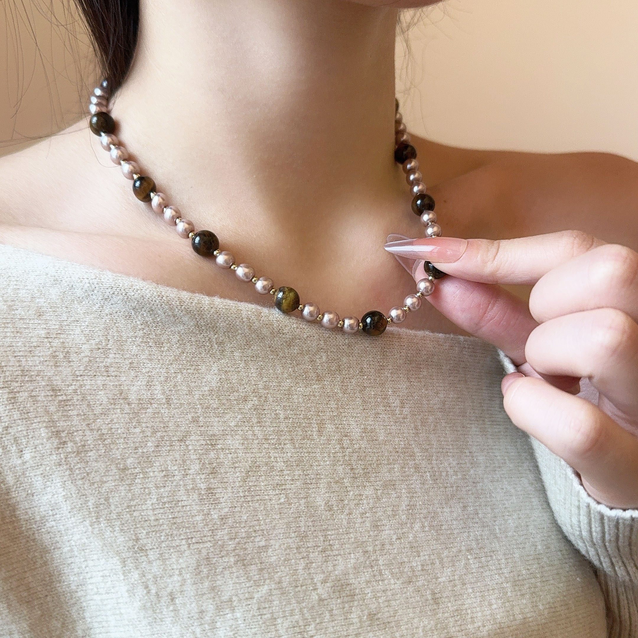 法式复古虎眼石金色珍珠串珠项链