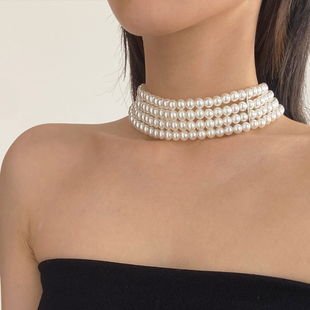 Vintage复古风多层设计轻奢珍珠项链女叠加choker项圈颈圈锁骨链