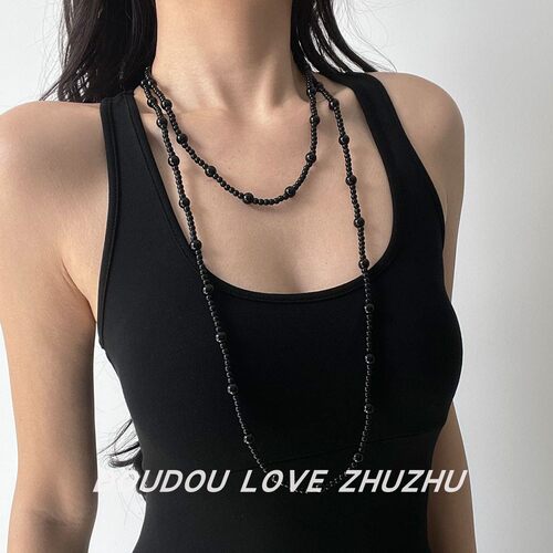 黑色珍珠项链女多层叠戴长毛衣链