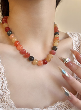度假风天然石暖色系珠子串珠项链