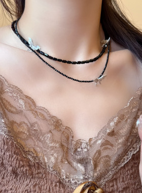 潮酷辣妹黑色水晶串珠蝴蝶项链女