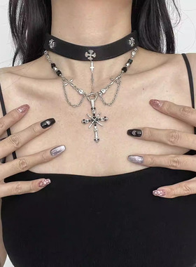 皮项圈女叠带高级双层十字架项链