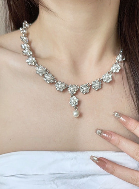 闪耀锆石水钻花朵项链晚礼服配饰