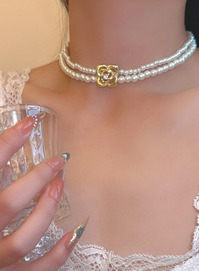 轻奢双层珍珠拉丝花朵锆石项链女