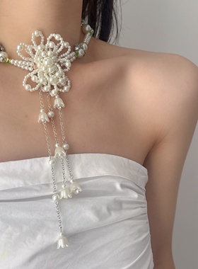 珍珠花朵流苏长款项链张锁骨链女