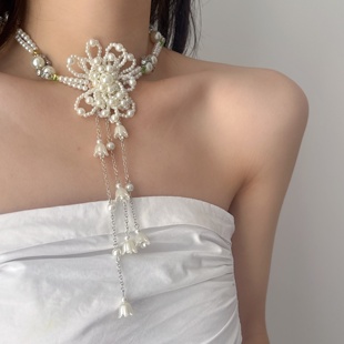 气质轻奢珍珠花朵流苏长款项链时尚高级choker·小众夸张锁骨链女