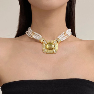金属香槟金椭圆水晶吊坠项链女多层珍珠串珠锁骨链层次感叠戴颈链