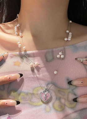 十字架粉色爱心珍珠串珠项链双层