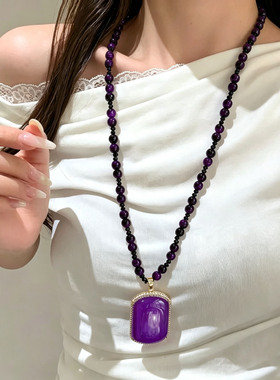 复古紫色串珠几何玉牌吊坠项链女