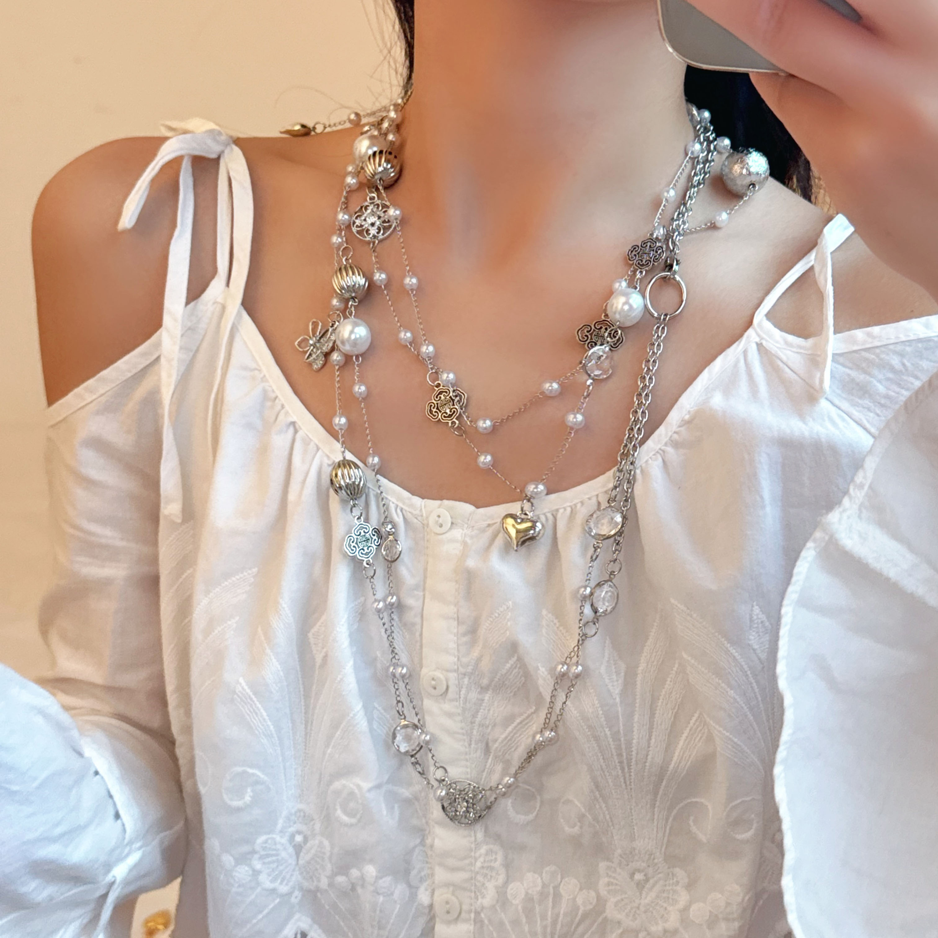 甜酷辣妹多元素珍珠爱心链条项链时尚高级多层叠戴多种戴法锁骨链