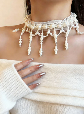 轻奢白色蕾丝珍珠流苏吊坠项链女