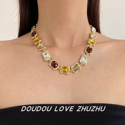 中古国风彩色水晶方钻几何项链