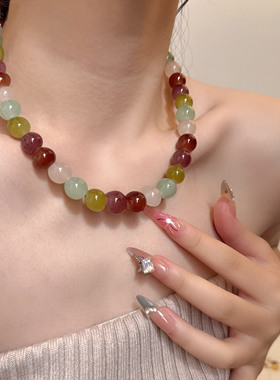 多巴胺彩虹天然石串珠气质项链女