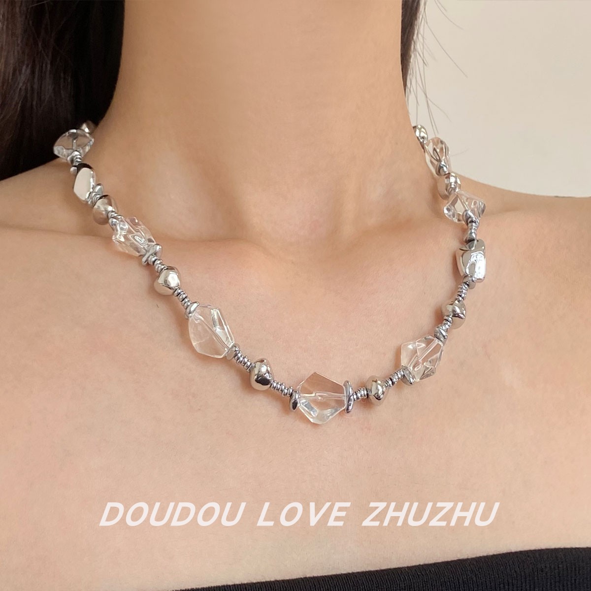 不规则透明水晶金属球拼接项链女