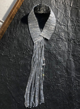 欧美风夸张闪钻宽边流苏颈环项链