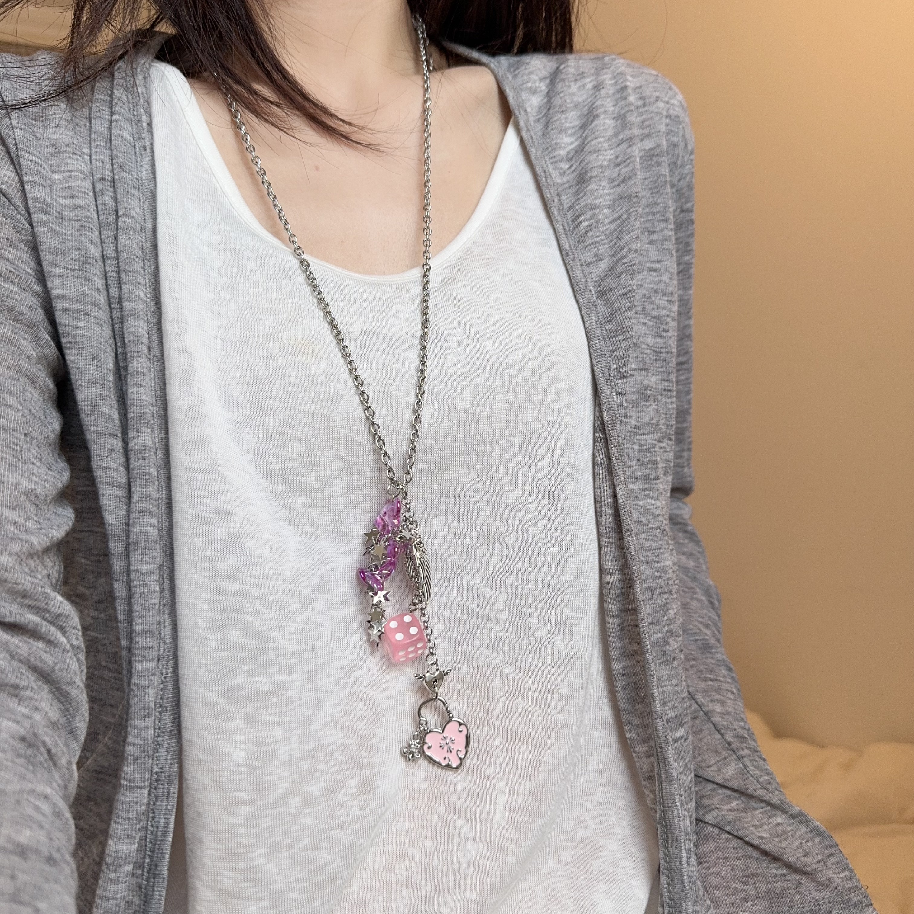 多元素粉色小熊爱心锁吊坠项链女