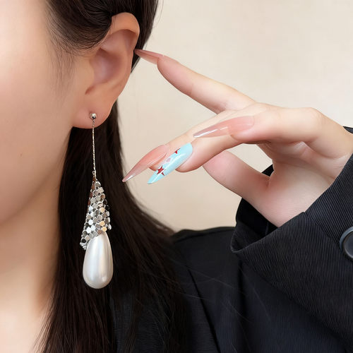 复古轻奢亮片珍珠水滴吊坠耳环女