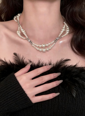 渐变大小珍珠串珠项链双层锁骨链