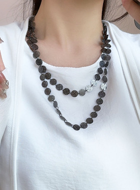 小众设计银色小圆片长款毛衣链女