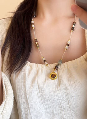 复古轻奢彩石串珠虎眼石吊坠项链