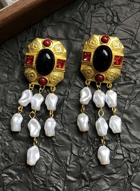 欧美风夸张镶钻彩宝石复古流苏耳环耳饰中古港风小众设计感耳坠