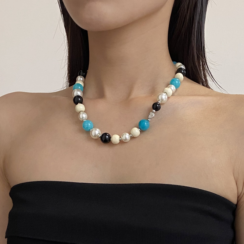 新款海蓝宝石串珠珍珠项链女