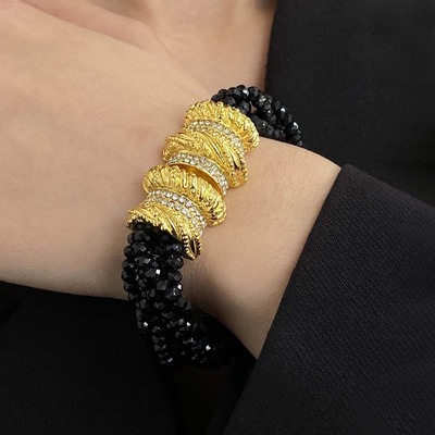 中古金属黑色水晶多层串珠手链女