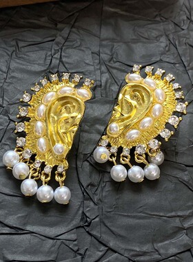 intage中古欧美宫廷古董款夸张熔岩个性珍珠流苏耳环耳钉配饰