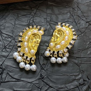 intage中古欧美宫廷古董款夸张熔岩个性珍珠流苏耳环耳钉配饰