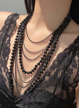 复古黑水晶串珠多层气质叠戴项链