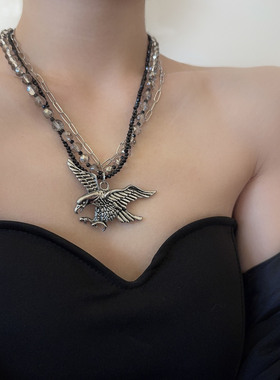 扑食老鹰吊坠多层水晶串珠项链潮