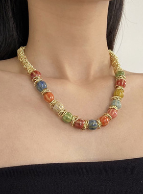 彩色多巴胺碎圈琉璃项链女短款