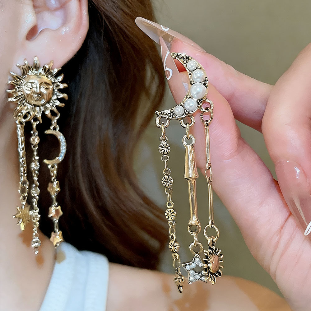 复古做旧太阳月亮星星流苏耳环女小众设计气质独特不对称耳钉耳饰