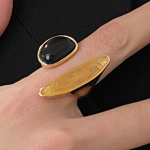 黑色椭圆天然石茶晶戒指女金属设计高级感食指戒时尚开口复古指环