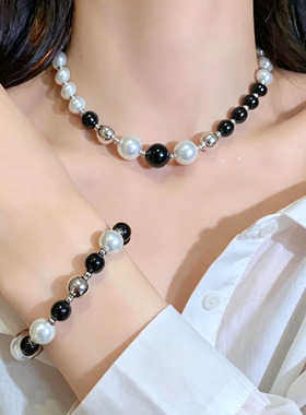 冷淡风黑白色珍珠串珠项链手串女