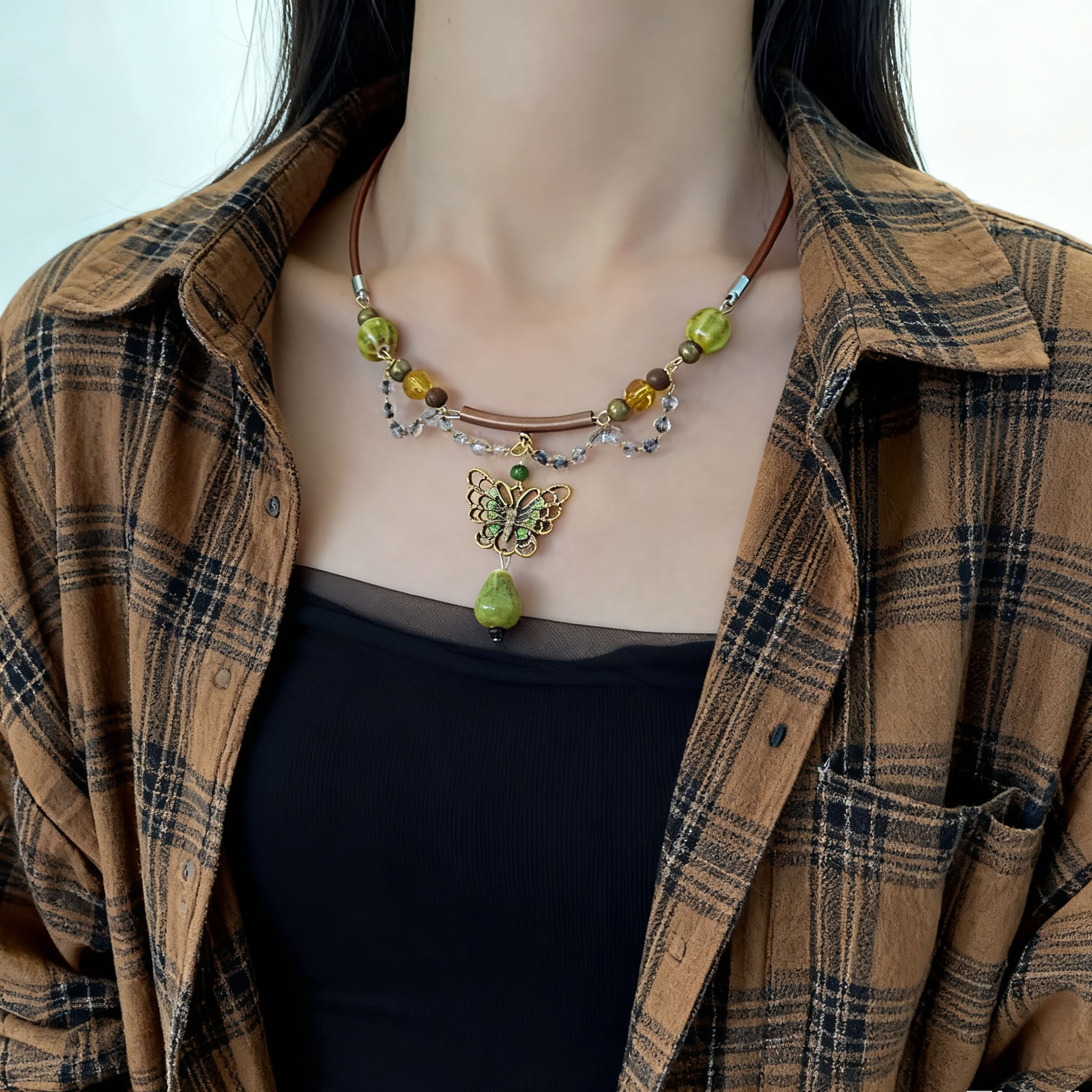 新中式复古个性绿钻蝴蝶吊坠项链