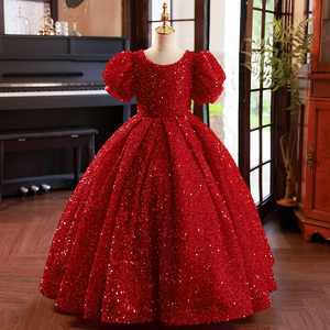 女童礼服蓬蓬裙2024新款轻奢小众高端走秀红色小主持人钢琴演出服