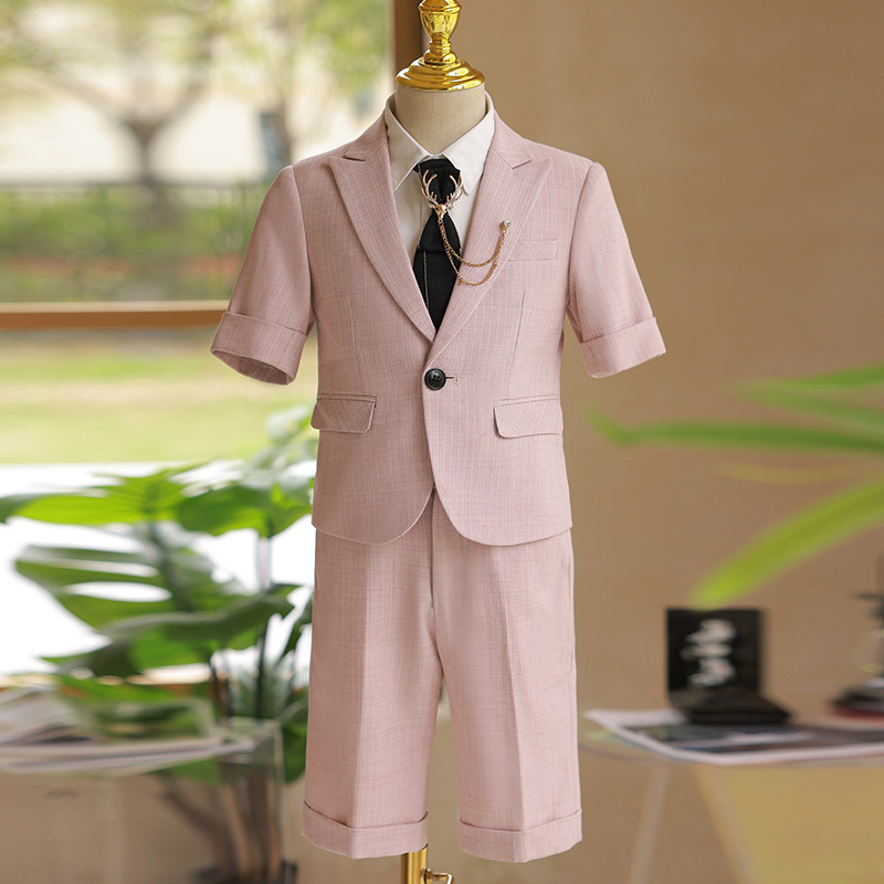 儿童西装套装男童夏季短袖走秀礼服花童钢琴演出服主持粉色小西服