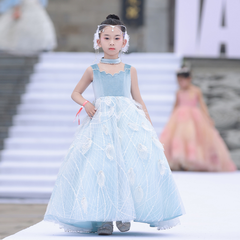 女童礼服2025新款夏季轻奢小众高端儿童主持人蓝色钢琴演奏演出服