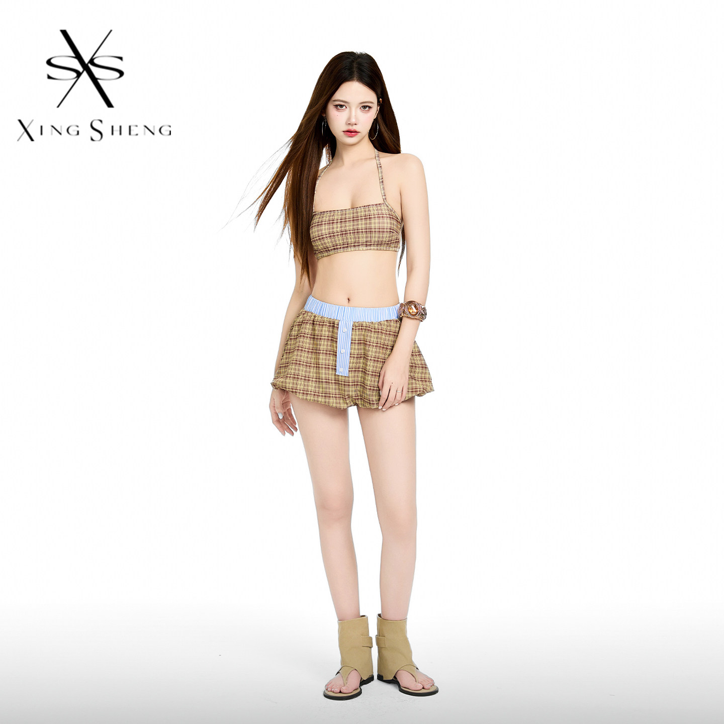 泳衣海边度假三件套分体女款复古格子显瘦小胸温泉度假性感高级感