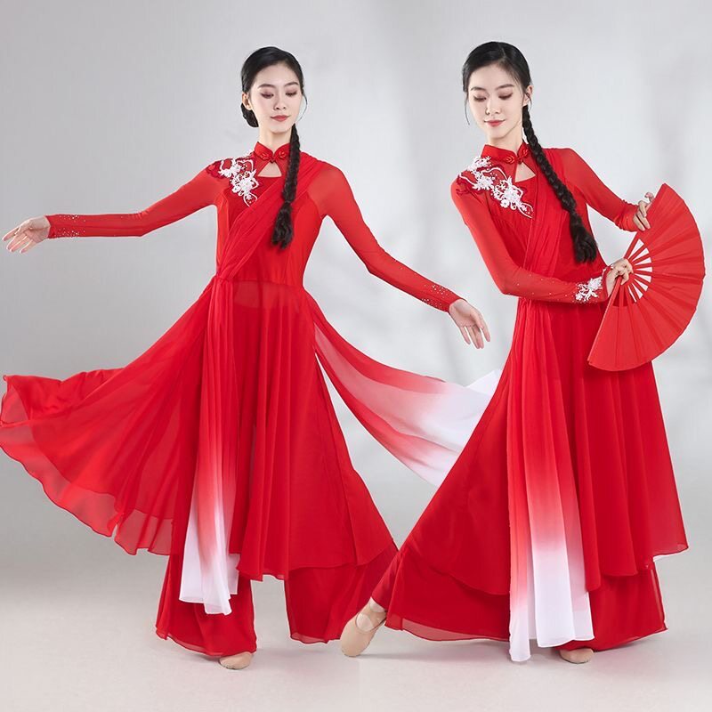 五星红旗舞蹈服装开场舞演出服飘逸古典舞表演服大气扇子舞合唱服