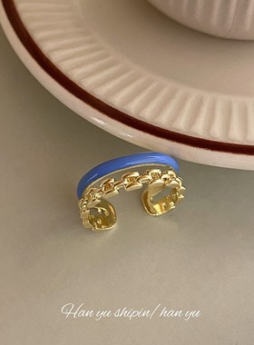 2025个性蓝色滴釉素圈开口戒指套装女轻奢小众高级感食指戒指环时